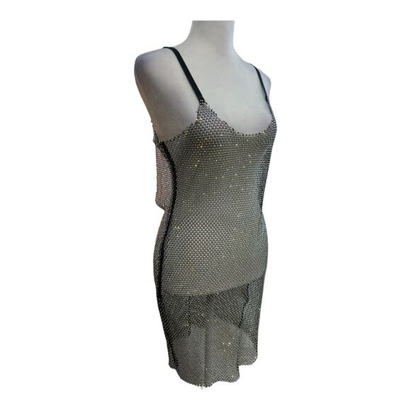 TIC TOC🕷️🎃Rhinestones sheer black stretch netting slip dress/or cover up SZ S - Picture 7 of 16